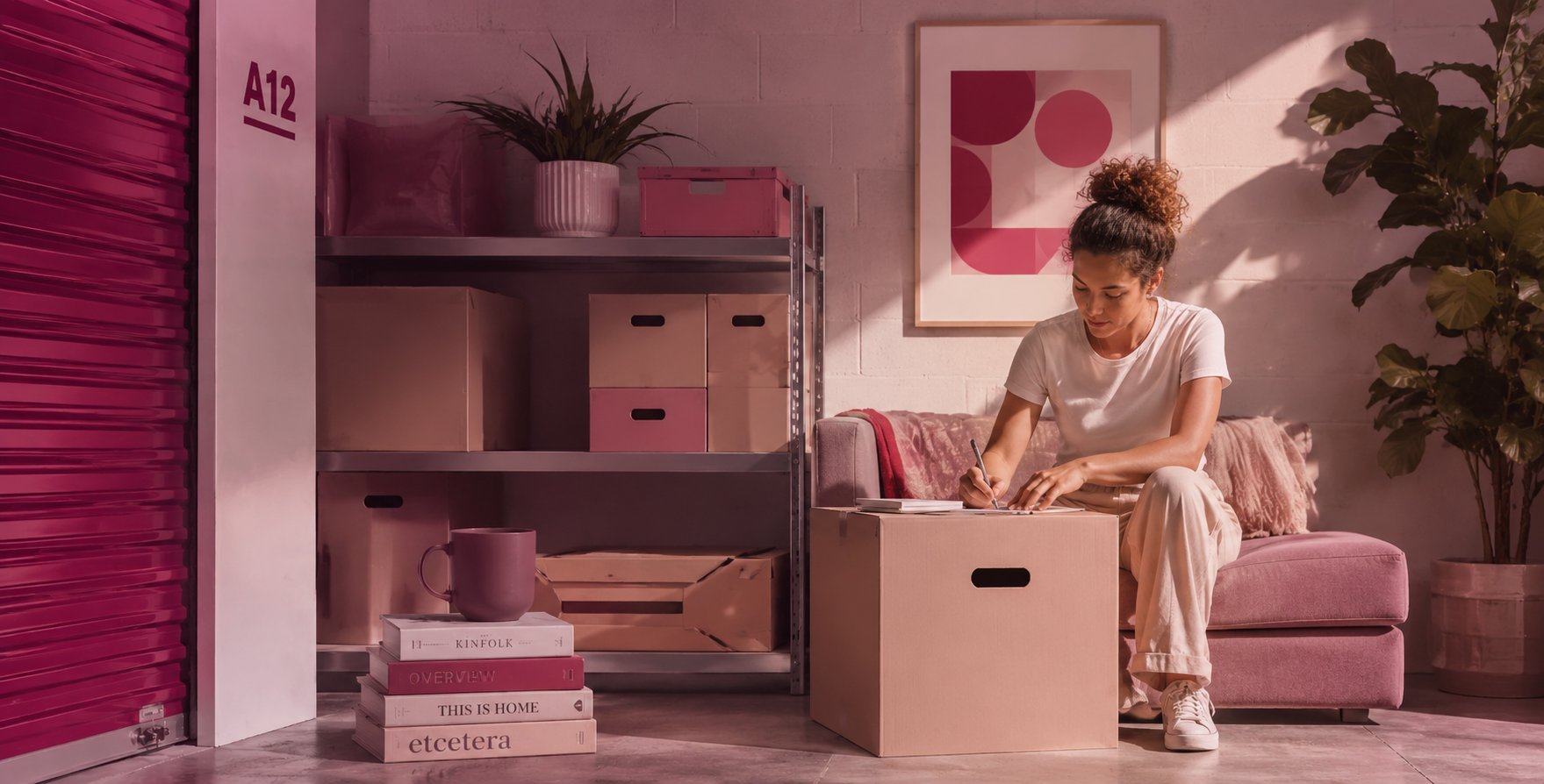 A customer packing boxes beside an open storage unit